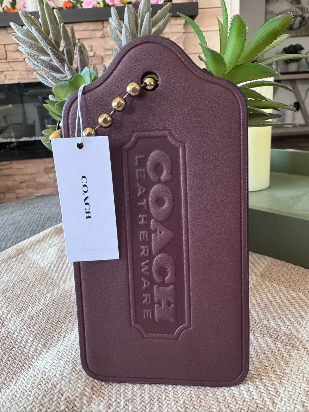 NEW COACH Brown  Extra-Large Decorative Tag with Gold Chain/Hangtag/Bag Charm